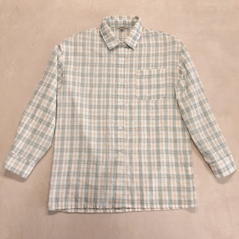 Papaya Womans LS Textured Button Shirt Med Blue Plaid Seersucker Style LE-1018N